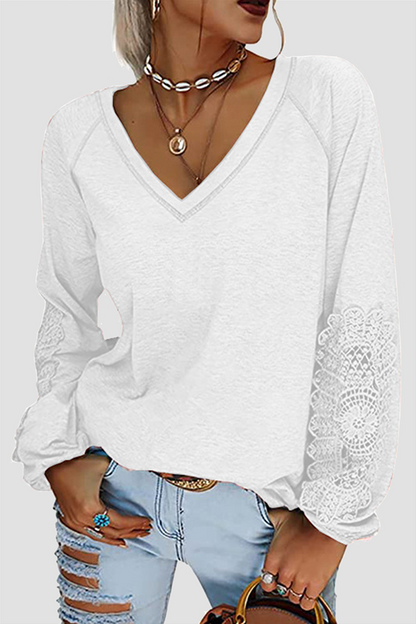 Casual Solid Lace Patchwork V Neck T-Shirts
