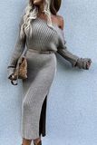 hulianfu - Elegant Solid Slit Oblique Collar Dresses Sweater (Without Belt)