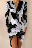 hulianfu - Sexy Print Patchwork Fold Asymmetrical V Neck Irregular Dress Dresses(8 Colors)