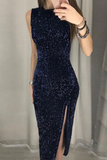 hulianfu Fashion Elegant Solid Sequins Slit O Neck Pencil Dresses(4 colors)