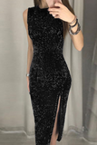 hulianfu Fashion Elegant Solid Sequins Slit O Neck Pencil Dresses(4 colors)