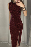 hulianfu Fashion Elegant Solid Sequins Slit O Neck Pencil Dresses(4 colors)