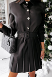 hulianfu Fashion Elegant Solid Buckle With Belt Turndown Collar Pleated Dresses