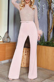 hulianfu Fashion Sexy Solid Patchwork Feathers Beading O Neck Straight Jumpsuits(3 Colors)