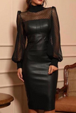 hulianfu - Sexy Solid Mesh Half A Turtleneck Pencil Skirt Dresses