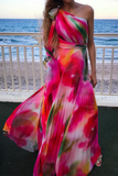 hulianfu Fashion Patchwork Tie-dye One Shoulder Waist Skirt Dresses