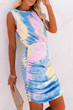 hulianfu Casual Patchwork Tie-dye O Neck Pencil Skirt Dresses