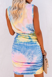 hulianfu Casual Patchwork Tie-dye O Neck Pencil Skirt Dresses