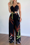 hulianfu Fashion Print Spaghetti Strap Straight Jumpsuits(5 Colors)