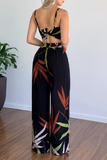 hulianfu Fashion Print Spaghetti Strap Straight Jumpsuits(5 Colors)