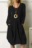 hulianfu Fashion Casual Solid Pocket O Neck Long Sleeve Dresses(4 Colors)