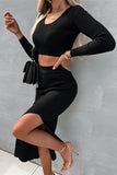 hulianfu Casual Elegant Solid Slit U Neck Long Sleeve Two Pieces(4 Colors)