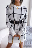 hulianfu Street Plaid Striped Contrast O Neck One Step Skirt Dresses