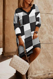 hulianfu Work Plaid Solid V Neck One Step Skirt Dresses