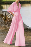 hulianfu Elegant Solid Color V Neck Boot Cut Jumpsuits(7 Colors)