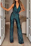 hulianfu Daily Solid Sequins Halter Boot Cut Jumpsuits(5 Colors)