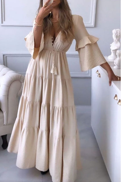 hulianfu Sweet Elegant Solid Asymmetrical V Neck Irregular Dress Dresses