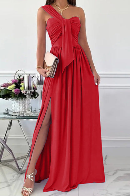hulianfu Elegant Formal Solid Asymmetrical Solid Color One Shoulder Irregular Dress Dresses(7 Colors)