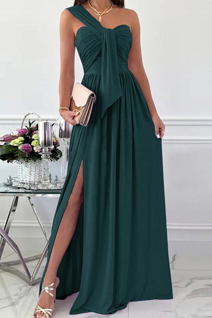 hulianfu Elegant Formal Solid Asymmetrical Solid Color One Shoulder Irregular Dress Dresses(7 Colors)