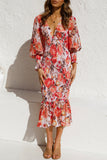 hulianfu Sweet Elegant Print Patchwork V Neck Waist Skirt Dresses(4 Colors)