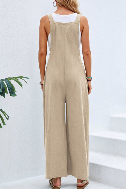 hulianfu Casual Vacation Solid Buttons Square Collar Loose Jumpsuits(10 Colors)