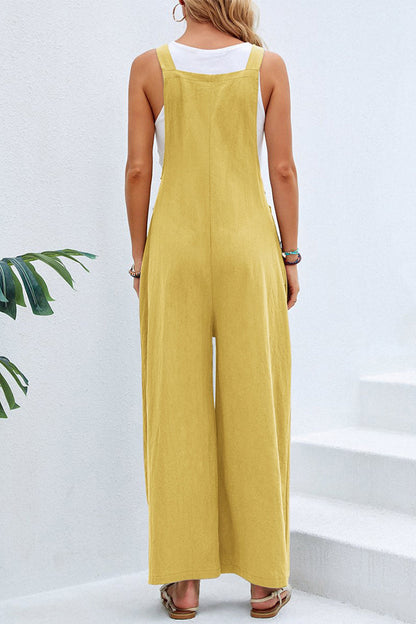 hulianfu Casual Vacation Solid Buttons Square Collar Loose Jumpsuits(10 Colors)
