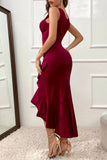 hulianfu Casual Solid Flounce Asymmetrical V Neck Evening Dress Dresses(3 Colors)