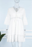 hulianfu - Sweet Elegant Solid Tassel Embroidered Hollowed Out V Neck A Line Dresses