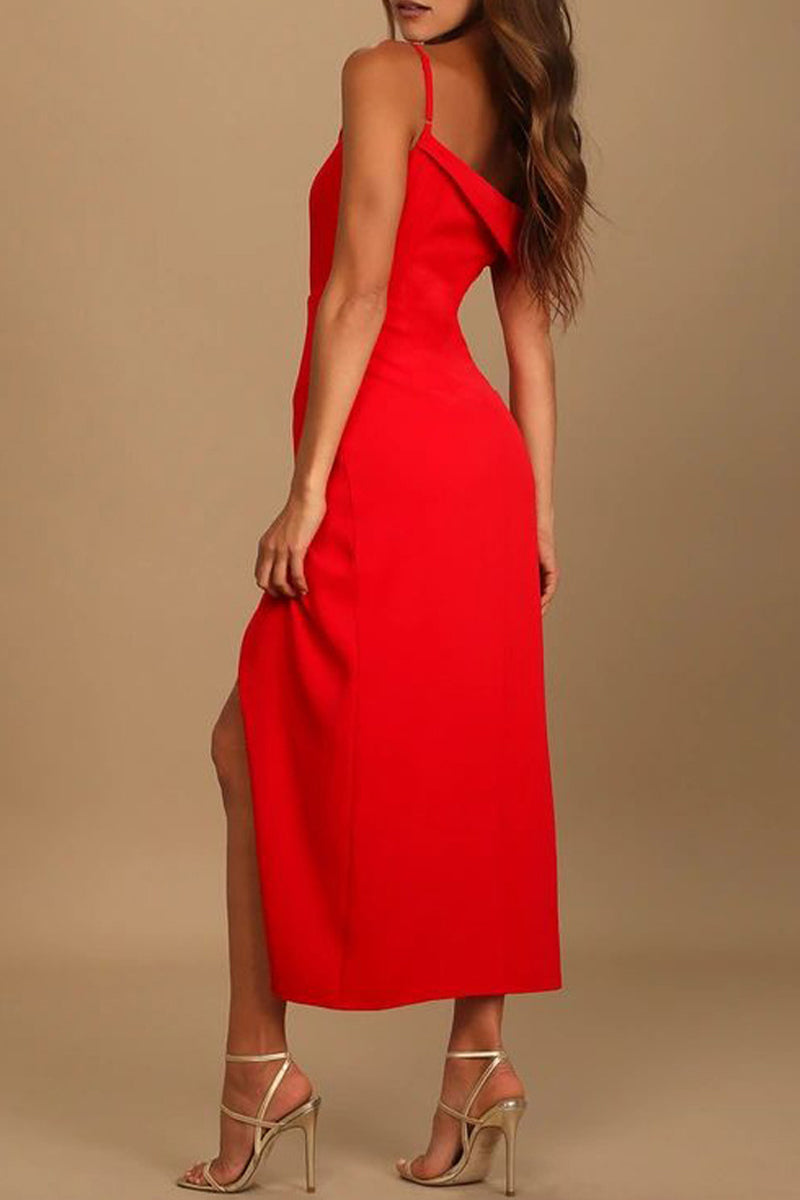 hulianfu Sexy Elegant Solid Slit Asymmetrical Irregular Dress Dresses