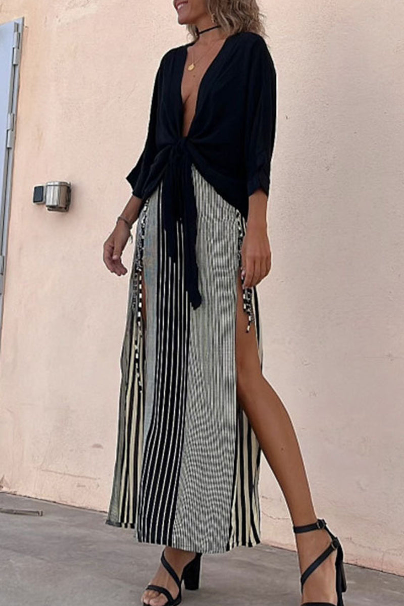 hulianfu Casual Elegant Striped Patchwork High Opening V Neck Two Pieces