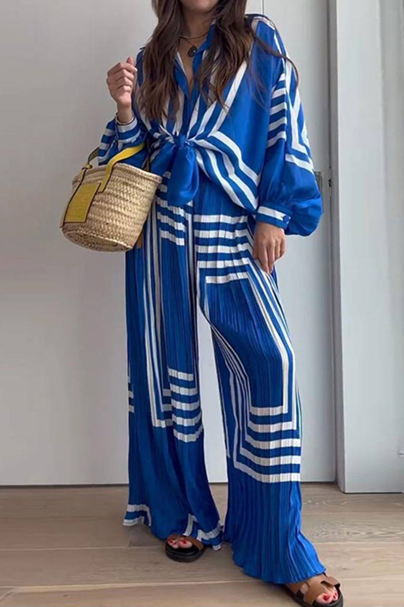 hulianfu Casual Striped Print Patchwork V Neck Long Sleeve Two Pieces
