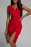 hulianfu Celebrities Elegant Solid Slit Fold V Neck Evening Dress Dresses(4 Colors)