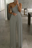 hulianfu Casual Simplicity Solid Asymmetrical Solid Color One Shoulder Loose Jumpsuits(3 Colors)
