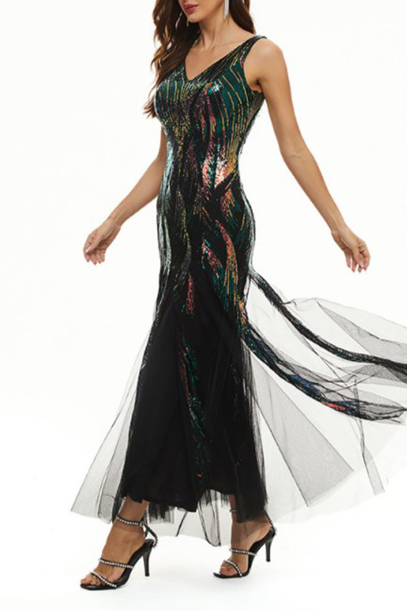 hulianfu Celebrities Elegant Color Block Patchwork V Neck Evening Dress Dresses