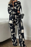 hulianfu Casual Geometric Print Patchwork Turndown Collar Long Sleeve Two Pieces