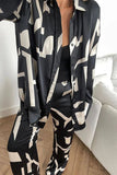 hulianfu Casual Geometric Print Patchwork Turndown Collar Long Sleeve Two Pieces