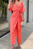 hulianfu Casual Solid Frenulum V Neck Regular Jumpsuits(3 Colors)