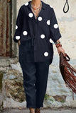 hulianfu Casual Polka Dot Printing Turndown Collar Long Sleeve Two Pieces