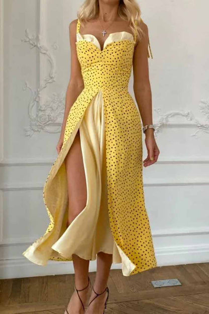 hulianfu Elegant Print Solid Patchwork Slit V Neck A Line Dresses