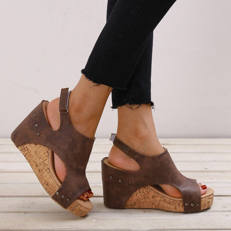 hulianfu Casual Simplicity Patchwork Fish Mouth Wedges Shoes
