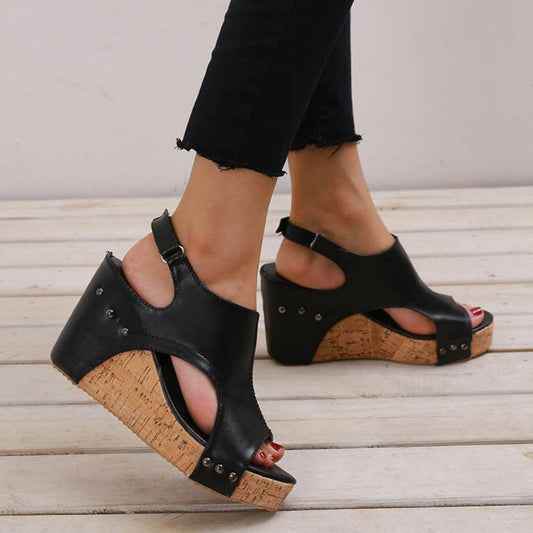 hulianfu Casual Simplicity Patchwork Fish Mouth Wedges Shoes
