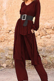 hulianfu Casual Solid With Belt V Neck Long Sleeve Two Pieces
