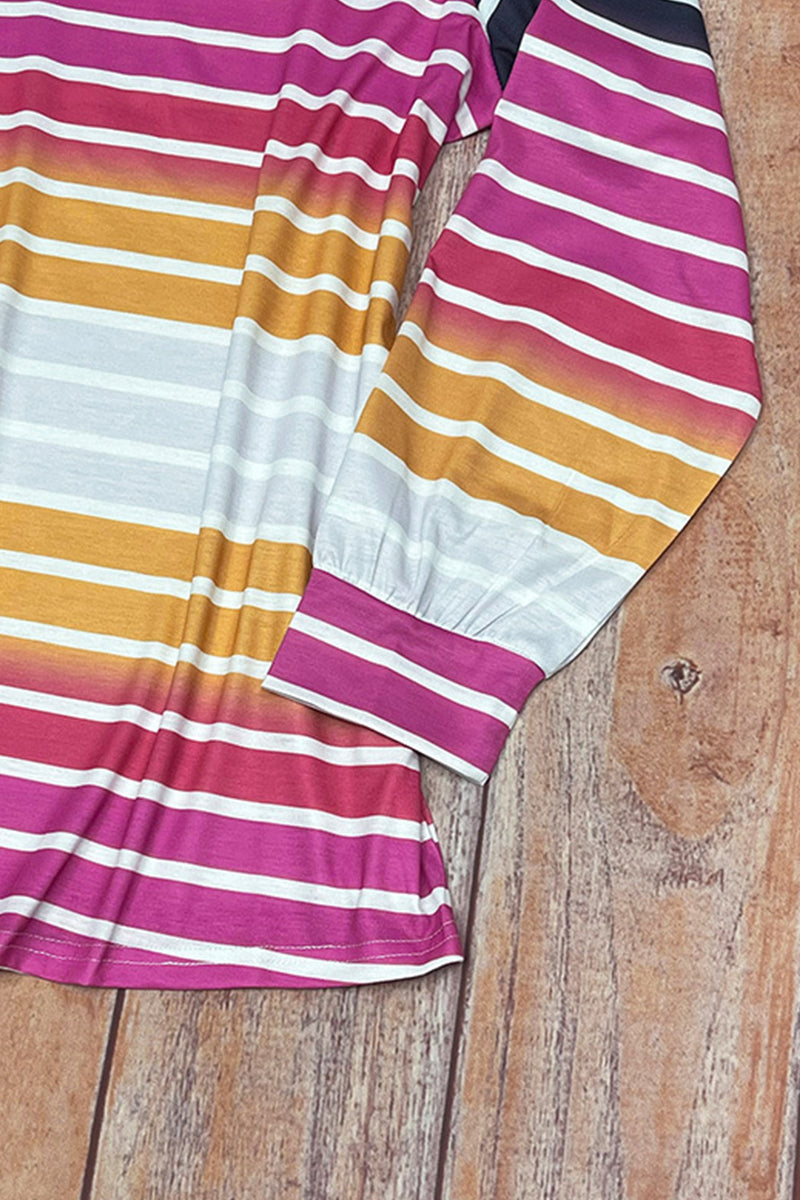 hulianfu Casual Striped Contrast V Neck Plus Size Tops