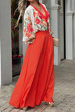 hulianfu Elegant Floral Pocket V Neck Long Sleeve Two Pieces