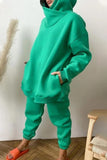 hulianfu Casual Solid Pocket Hooded Collar Long Sleeve Two Pieces