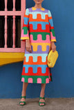 hulianfu Sweet Cute Geometric Print Contrast O Neck A Line Dresses