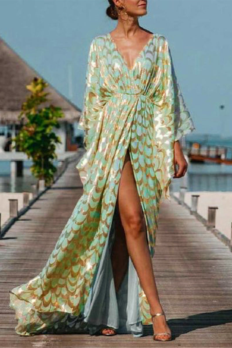 hulianfu Sexy Elegant Print Printing V Neck Long Dress Dresses