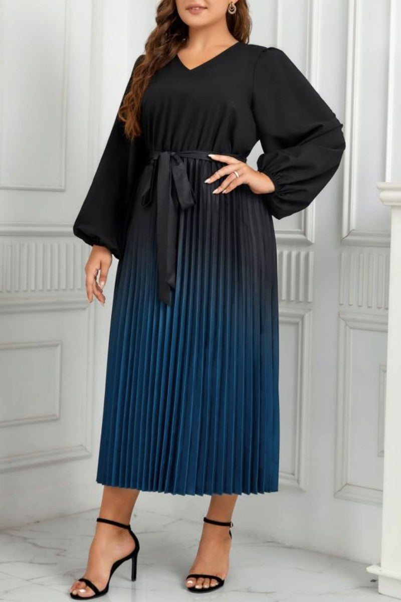 hulianfu Casual Gradual Change Print Pleated V Neck Long Sleeve Plus Size Dresses