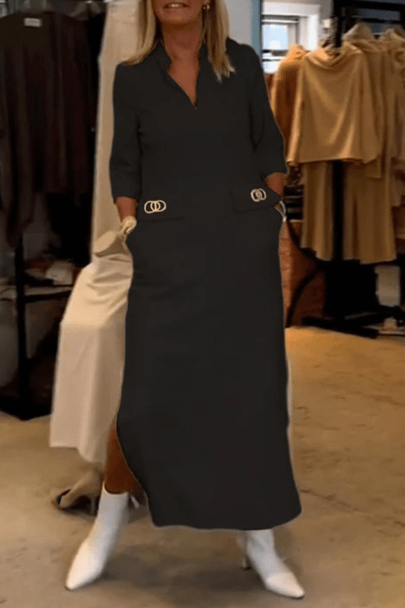 hulianfu Elegant Simplicity Solid Pocket Turndown Collar One Step Skirt Dresses(3 Colors)