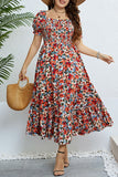 hulianfu Casual Print Patchwork Square Collar Short Sleeve Dress Plus Size Dresses